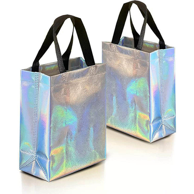 Borsa da shopping non tessuta in metallo d'argento, disegno olografico personalizzato e colori Pantone