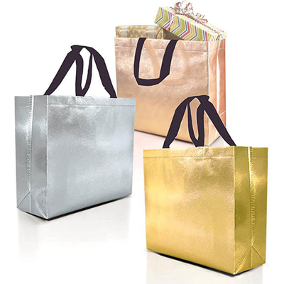 Borsa da shopping non tessuta in metallo d'argento, disegno olografico personalizzato e colori Pantone