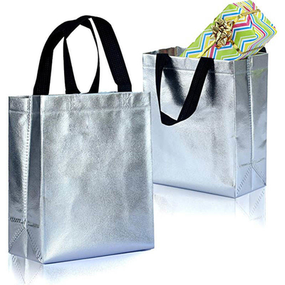 Borsa da shopping non tessuta in metallo d'argento, disegno olografico personalizzato e colori Pantone