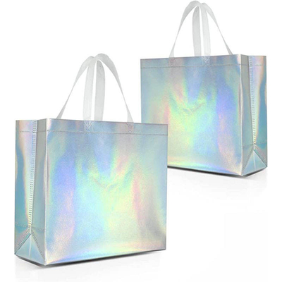 Borsa da shopping non tessuta in metallo d'argento, disegno olografico personalizzato e colori Pantone