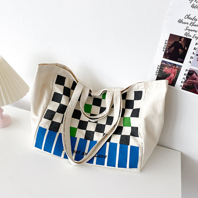 Logo personalizzato Borsa di tela da scacchiera pesante per lo shopping di contrasto di colore alla moda