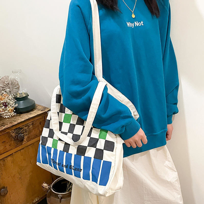 Logo personalizzato Borsa di tela da scacchiera pesante per lo shopping di contrasto di colore alla moda
