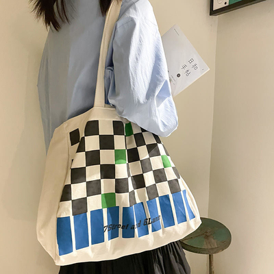 Logo personalizzato Borsa di tela da scacchiera pesante per lo shopping di contrasto di colore alla moda