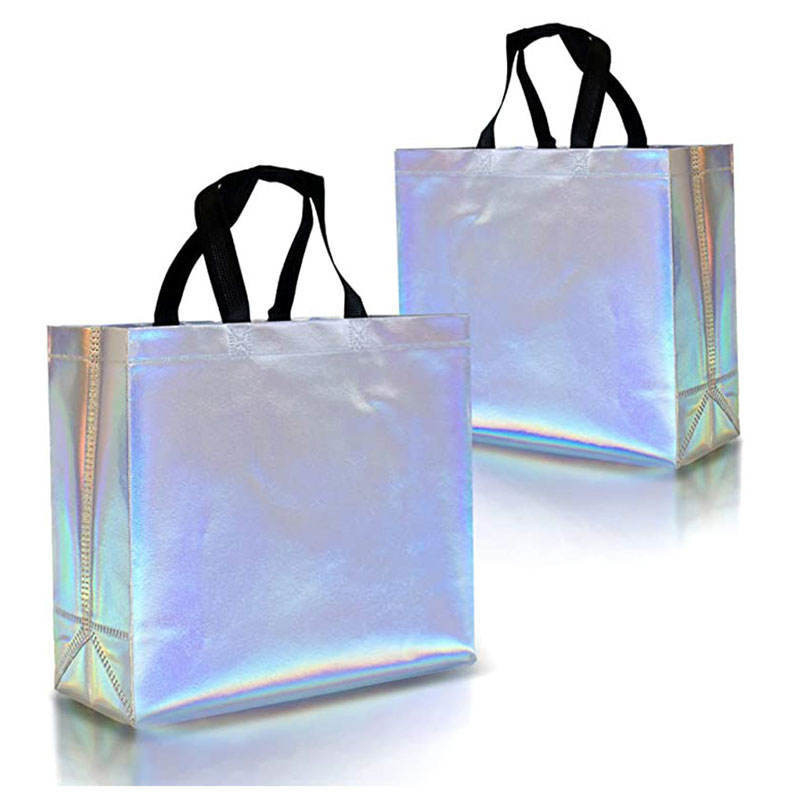 Borsa da shopping non tessuta in metallo d'argento, disegno olografico personalizzato e colori Pantone