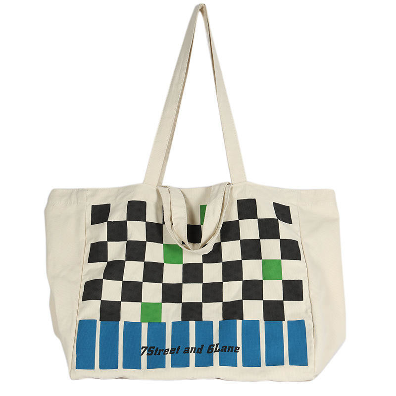 Logo personalizzato Borsa di tela da scacchiera pesante per lo shopping di contrasto di colore alla moda